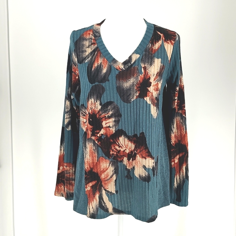 ODDY Teal V Neck Floral Long Sleeve Women's Top Size Small